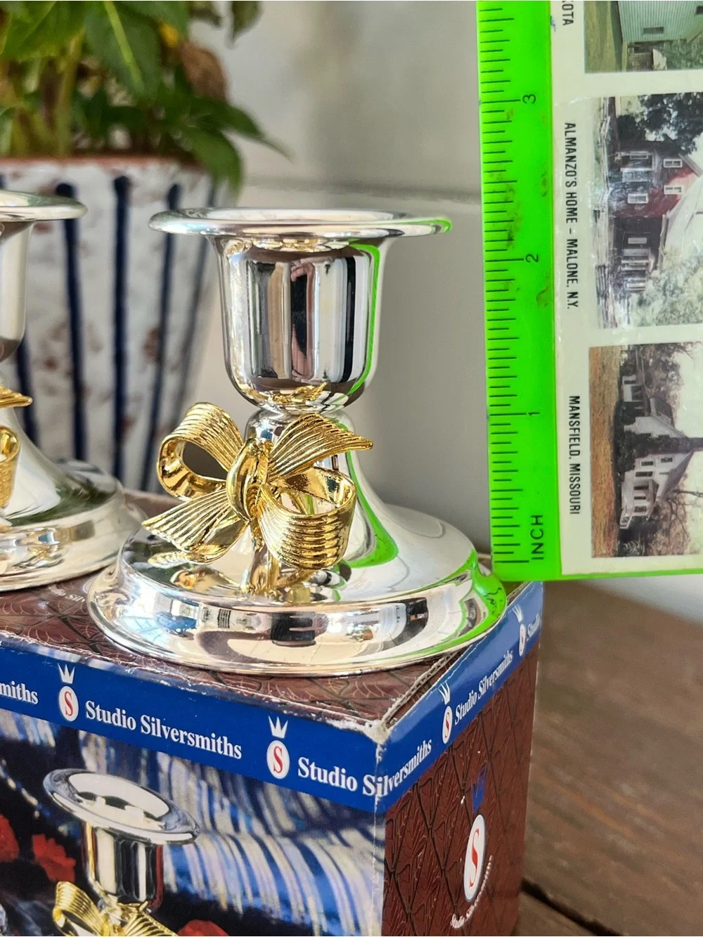 vintage Studio Silversmiths silver-plated candle holders, gilded gold bow accent